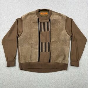 Maxini Collezione Sweater Mens Medium Brown Leather Wool Classic Long Sleeve